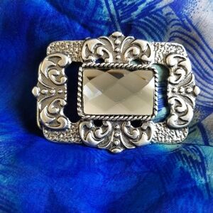 Ladies Silver Ornate Belt Buckle With Huge Rhinestone Center Approx.41mm Opening